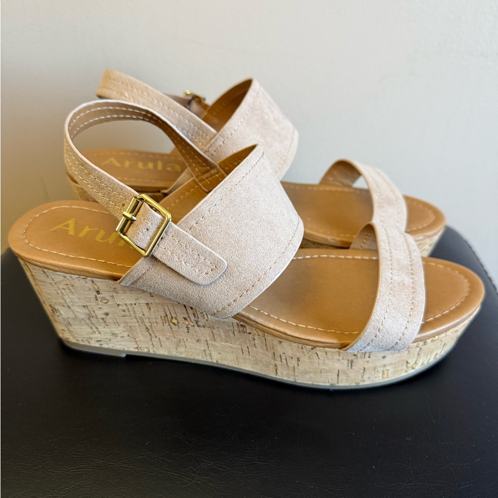 ARULA Beige Cork Wedge Sandals